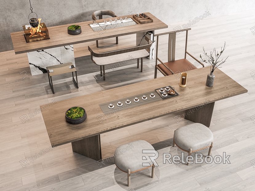 New Chinese Style Tea Table and Chair Tea Table and Chair Tea House Tea Room Tea Table Tea Set Tea Pot Master Chair Single Chair Pier Stool model