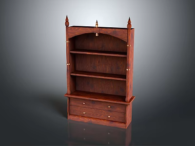 Dark Wood Storage Cabinet with Decorative Spire Top Multiple Shelves and Drawers 3d model