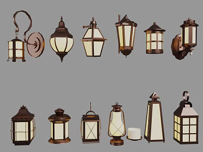 Vintage Style Lighting Fixture Combination Wall Sconces and Pendant Lamps Brass Frame with Glass Shades 3d model