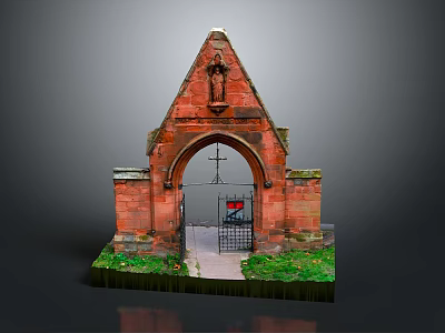 Red Brick Building With Arched Gate Gable Top Sculpture Iron Gate And Grass Base 3d model