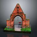 Red Brick Building With Arched Gate Gable Top Sculpture Iron Gate And Grass Base