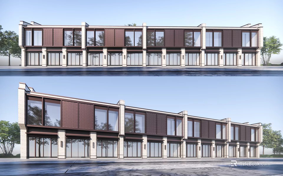 Modern Commercial Street Featuring Uniform Storefronts And Large Glass Windows 3d model 