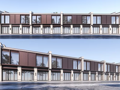 Modern Commercial Street Featuring Uniform Storefronts And Large Glass Windows 3d model
