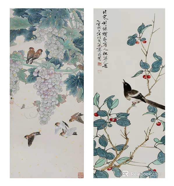 Traditional Chinese Bird And Flower Painting With Grapes Cherry Branches And Leaves 3d model 
