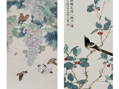 Traditional Chinese Bird And Flower Painting With Grapes Cherry Branches And Leaves 3d model