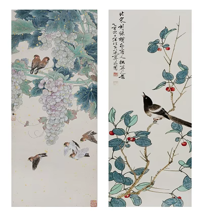 Traditional Chinese Bird And Flower Painting With Grapes Cherry Branches And Leaves 3d model