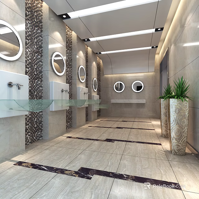 Modern Public Restroom Interior With Washbasins Mirrors Marble Walls And Green Plants 3d model 