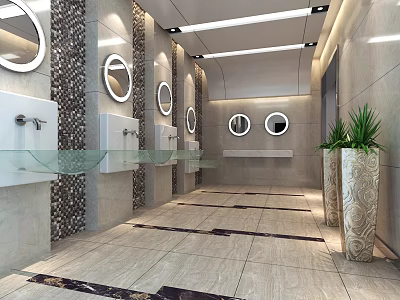 Modern Public Restroom Interior With Washbasins Mirrors Marble Walls And Green Plants 3d model