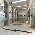 Modern Public Restroom Interior With Washbasins Mirrors Marble Walls And Green Plants