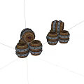 Stacked Wooden Barrels With Metal Bands For Decorative Storage