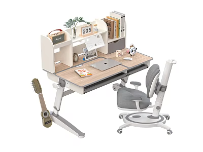 Height Adjustable Wooden Desk With Laptop Books Green Plant And Ergonomic Chair 3d model