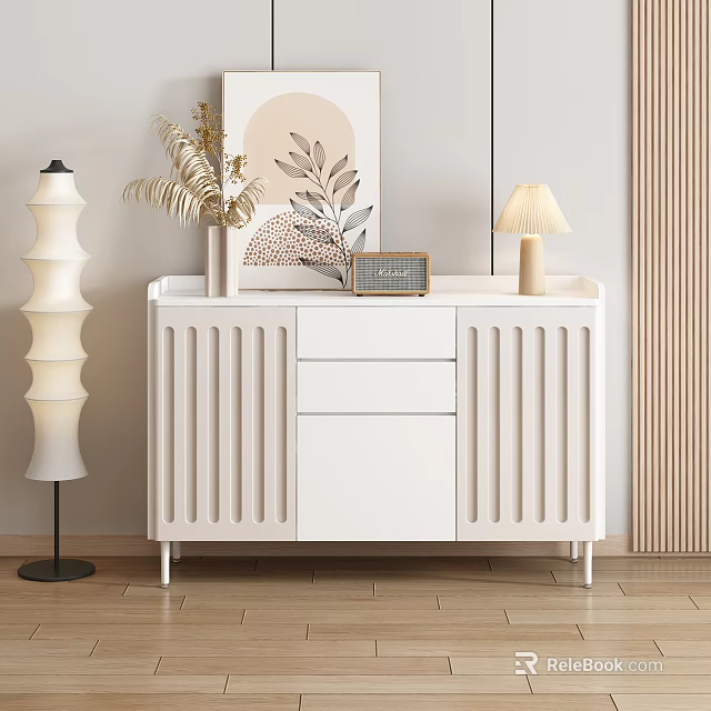 Modern White Sideboard With Vertical Slat Design Decorative Plants And Table Lamp 3d model 