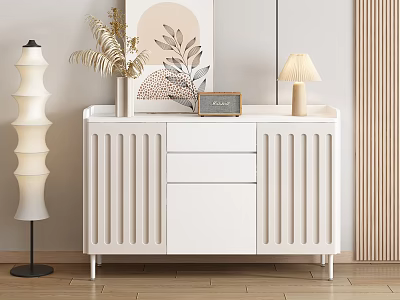 Modern White Sideboard With Vertical Slat Design Decorative Plants And Table Lamp 3d model