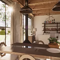 Spacious Open Living Dining Room With Wooden Ceiling Beams Fireplace And Large Windows