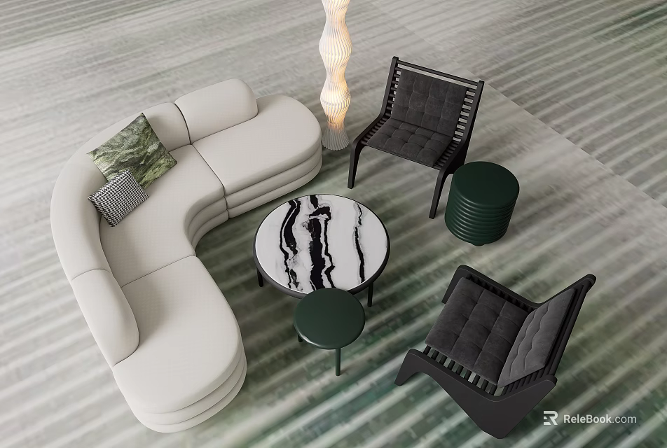 Curved White Sofa And Coffee Table Set With Black Chairs Green Stools And Striped Carpet 3d model 