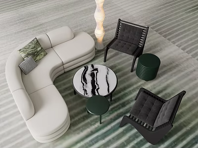 Curved White Sofa And Coffee Table Set With Black Chairs Green Stools And Striped Carpet 3d model