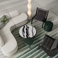 Curved White Sofa And Coffee Table Set With Black Chairs Green Stools And Striped Carpet