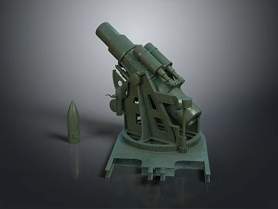 Vintage Artillery Gun With Ammunition Shell Complex Mechanical Structure And Sturdy Base Displayed In Studio 3d model