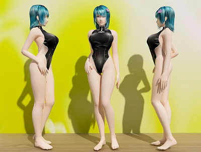 3D Rendered Game Movie Character with Teal Hair Black Bodysuit Three Perspectives Yellow Background 3d model
