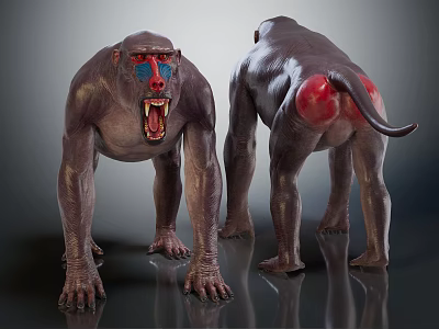 Detailed Monkey Models With Front Back Views And Colorful Facial Markings Red Buttocks 3d model