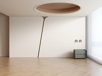 Modern Interior Space With Circular Ceiling Light White Wall Wooden Floor And Small Cabinet 3d model