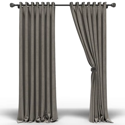 Gray Striped Fabric Curtains With Decorative Tieback For Home Windows 3d model