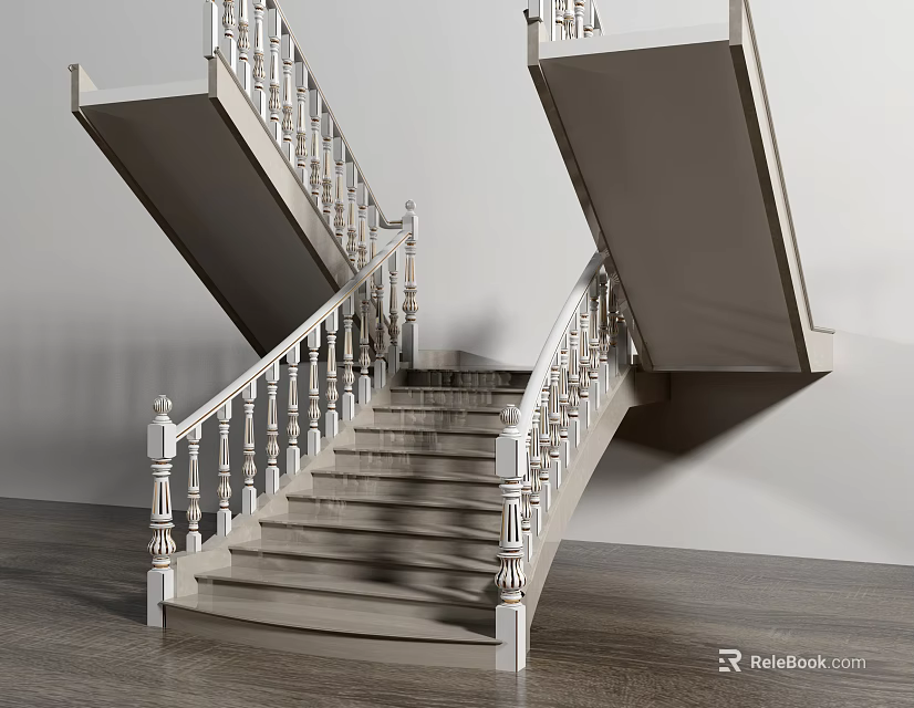 Modern Staircase With White Handrail Carved Balusters And Gray Steps On Wooden Floor 3d model 