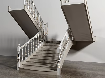 Modern Staircase With White Handrail Carved Balusters And Gray Steps On Wooden Floor 3d model