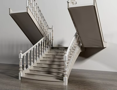 Modern Staircase With White Handrail Carved Balusters And Gray Steps On Wooden Floor 3d model