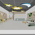 Bright Kindergarten Interior With Yellow Star Lights Blue Moon Decor Wooden Archways And Green Sofas