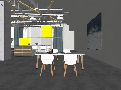 Modern Office Space With Gray Background Yellow Green Partitions White Tables Chairs And Wall Painting 3d model