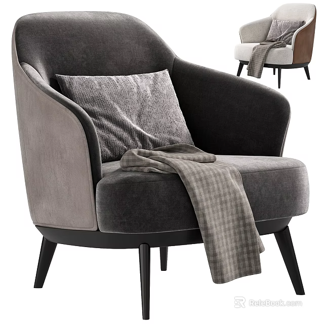Gray Velvet Accent Chair with Soft Pillow and Plaid Blanket and Black Wooden Legs 3d model 