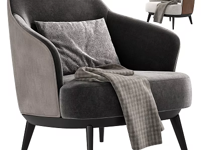 Gray Velvet Accent Chair with Soft Pillow and Plaid Blanket and Black Wooden Legs 3d model