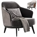 Gray Velvet Accent Chair with Soft Pillow and Plaid Blanket and Black Wooden Legs