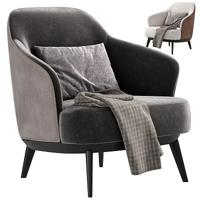 Gray Velvet Accent Chair with Soft Pillow and Plaid Blanket and Black Wooden Legs 3d model