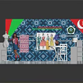Display Showcase Shelves With Mannequin Doll Figure And Fashion Posters On Colorful Patterned Wall