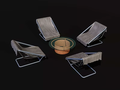 Four Outdoor Lounge Chairs With Metal Frame And Round Table Setup 3d model