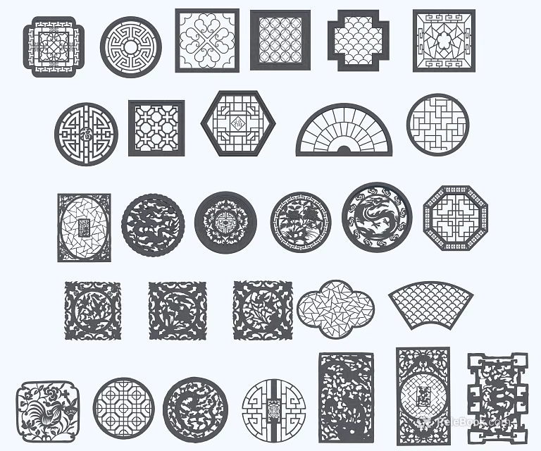 Various Shaped Lattice Windows with Dragon Patterns Geometric Designs and Floral Motifs 3d model 