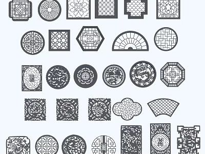 Various Shaped Lattice Windows with Dragon Patterns Geometric Designs and Floral Motifs 3d model