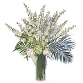 Beautiful Flower Arrangement In Vase With White Orchids Hydrangeas And Palm Leaves