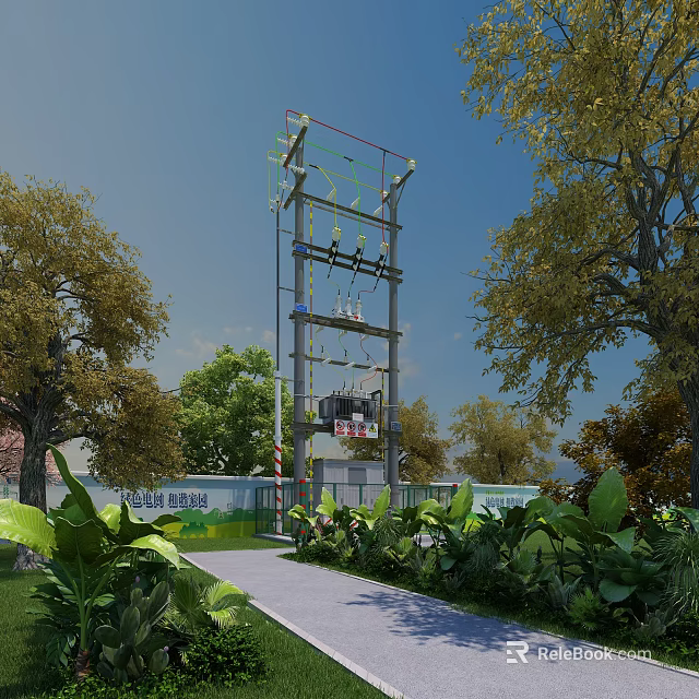 Road Facilities With Tall Cable Structure And Green Vegetation Along Urban Pathway 3d model 