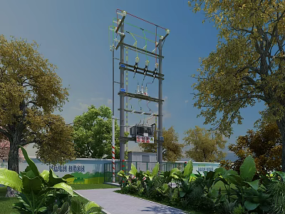 Road Facilities With Tall Cable Structure And Green Vegetation Along Urban Pathway 3d model