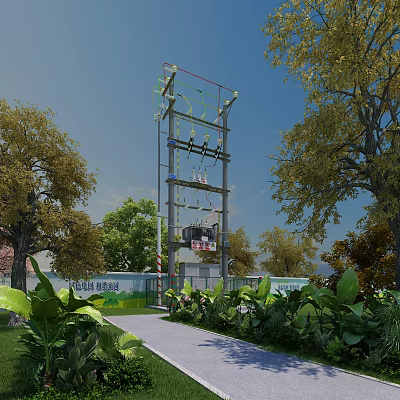 Road Facilities With Tall Cable Structure And Green Vegetation Along Urban Pathway 3d model
