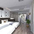 Modern Hotel Guest Room Interior With Twin Beds Wooden Flooring And Decorative Paintings