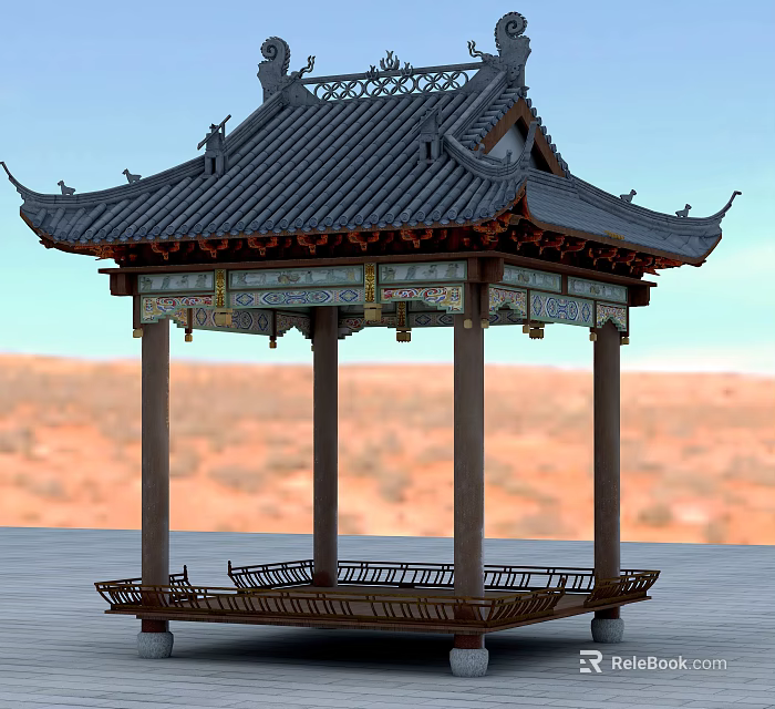 Ancient Architecture Traditional Pavilion With Curved Eaves Tiled Roof And Intricate Carved Decorations 3d model 