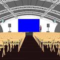 Large Event Canopy With Arranged Chairs Blue Screen Speakers And Metal Frame