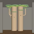 Creative Wooden Columns With Green Circular Platforms And Curved Wooden Supports