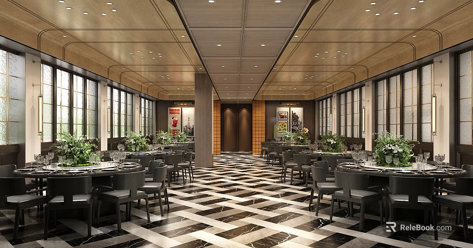 Banquet Hall Interior Design With Geometric Black White Flooring Dining Tables Green Plants Large Windows 3d model 