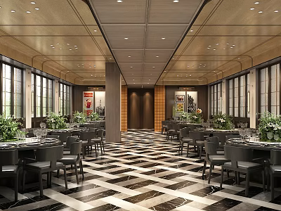 Banquet Hall Interior Design With Geometric Black White Flooring Dining Tables Green Plants Large Windows 3d model