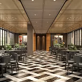 Banquet Hall Interior Design With Geometric Black White Flooring Dining Tables Green Plants Large Windows